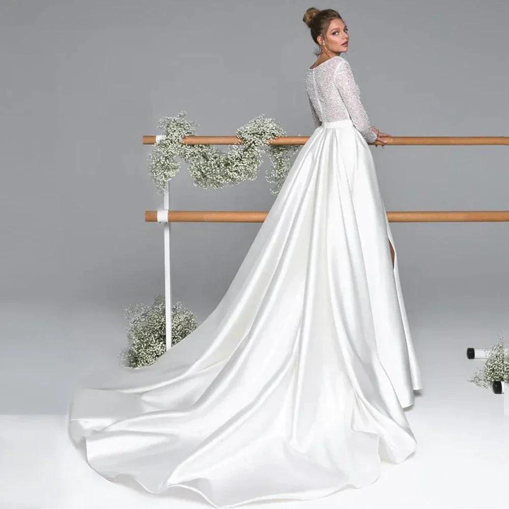 Luxury Long Sleeve Satin Wedding Dress Deep V-Neck Side Split Bridal Party Gown vestido de novia Sweep Train 2023 (ZD13471)