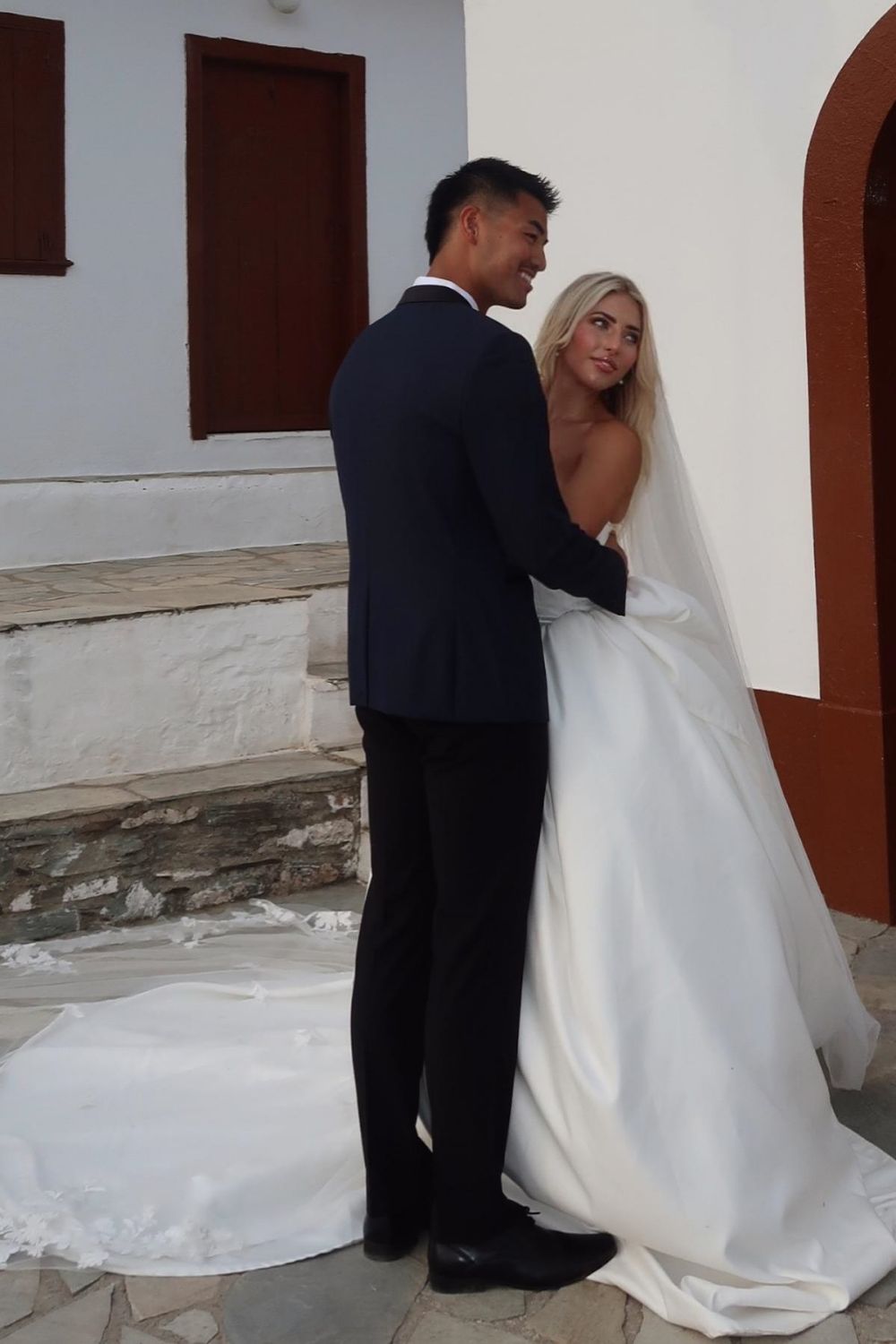 Classic A Line Strapless Long White Wedding Party Dress with Sweep Train - View 4 | VelvetHem