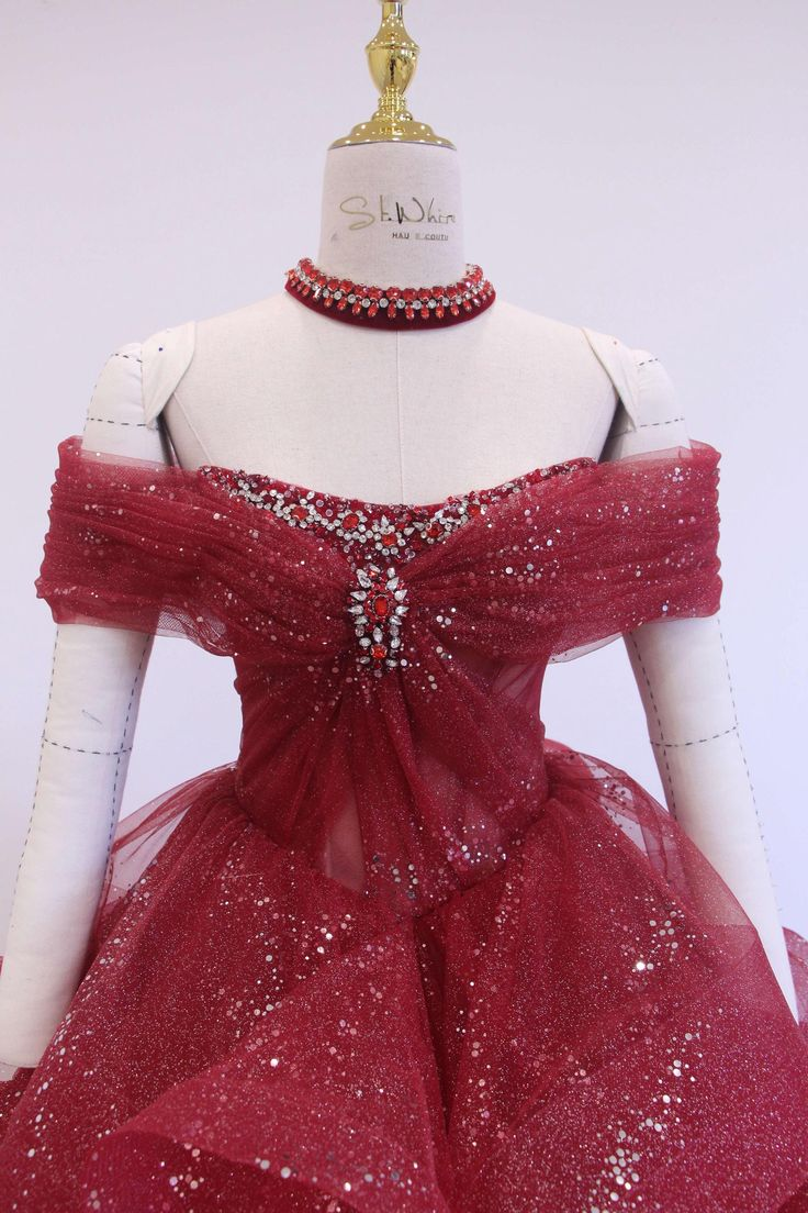 Glitter Off-Shoulder Evening Gown, Red Tulle Beaded Ball Gown Fairy Quinceanera Dress - View 5 | VelvetHem
