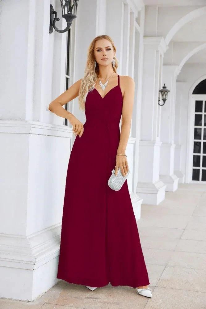 Ladies Chiffon Spaghetti Strap V Neck Front Slit Floor Length Bridesmaid Evening Dress Prom Party Wedding Evening Dress 28116 by numbersea