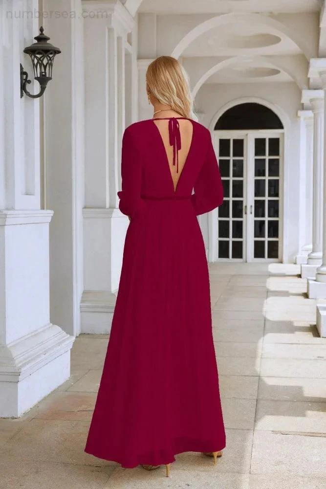 Ladies V Neck Chiffon Long Sleeve Front Slit Bridesmaid Evening Dress Wedding Party Shopping Evening Dress 28109 (ZD16991)