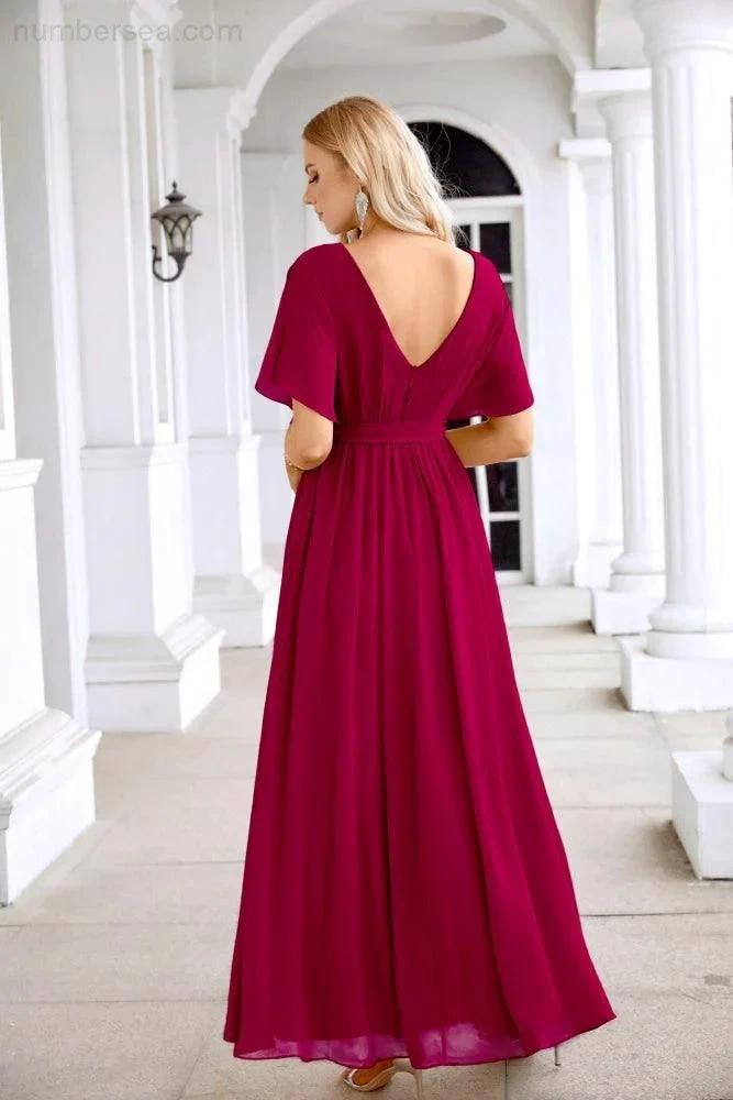 Ladies Chiffon Sleeve Crew Neck Front Slit Floor Length Bridesmaid Evening Dress Wedding Party Evening Dress 28124 (ZD17007)
