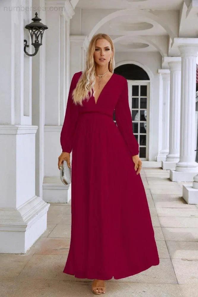 Ladies V Neck Chiffon Long Sleeve Front Slit Bridesmaid Evening Dress Wedding Party Shopping Evening Dress 28109 (ZD16991)
