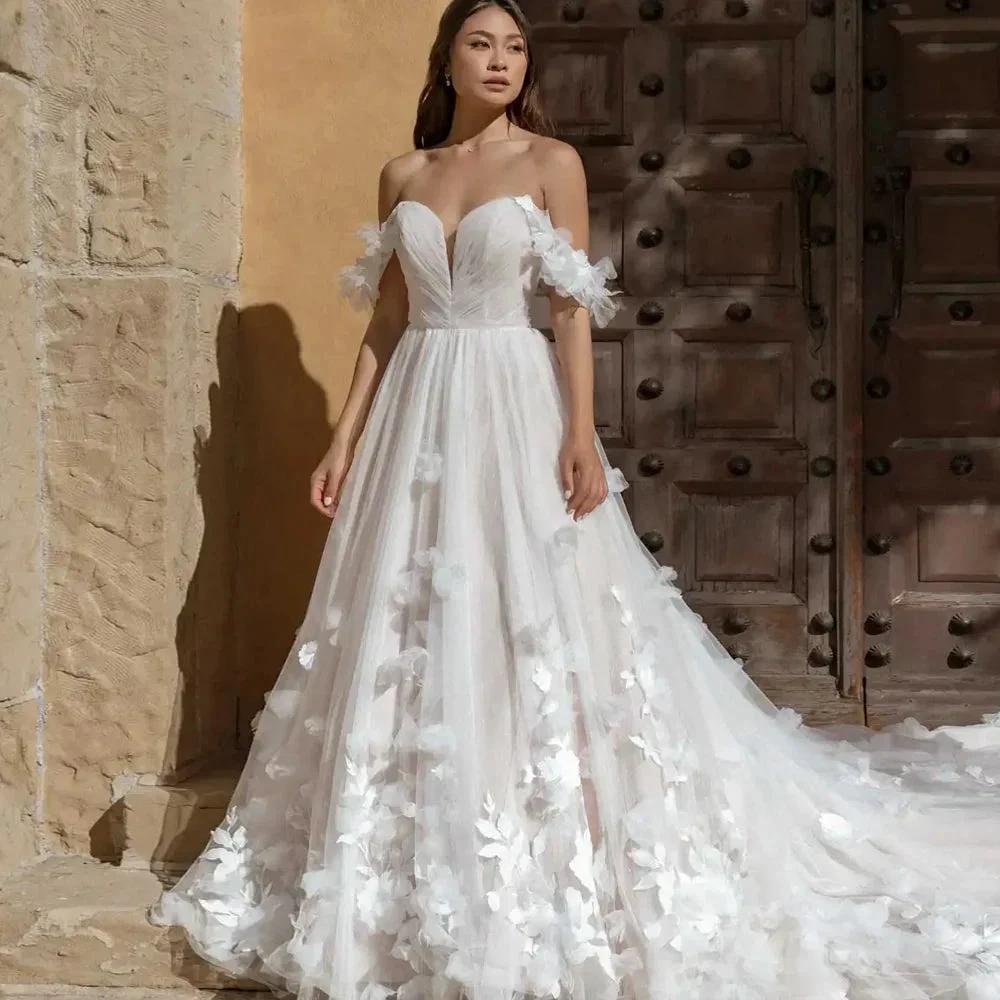Whimsical Tulle Ballgown Wedding Dress With 3D Flowers And Off the Shoulder Straps Sweetheart  Custom Made For Women (ZD13554)