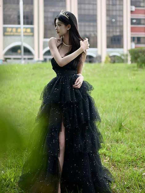 Glitter Black Tulle Layered Long Prom Dress Slit Fairy Ball Gown Party Dress - VelvetHem