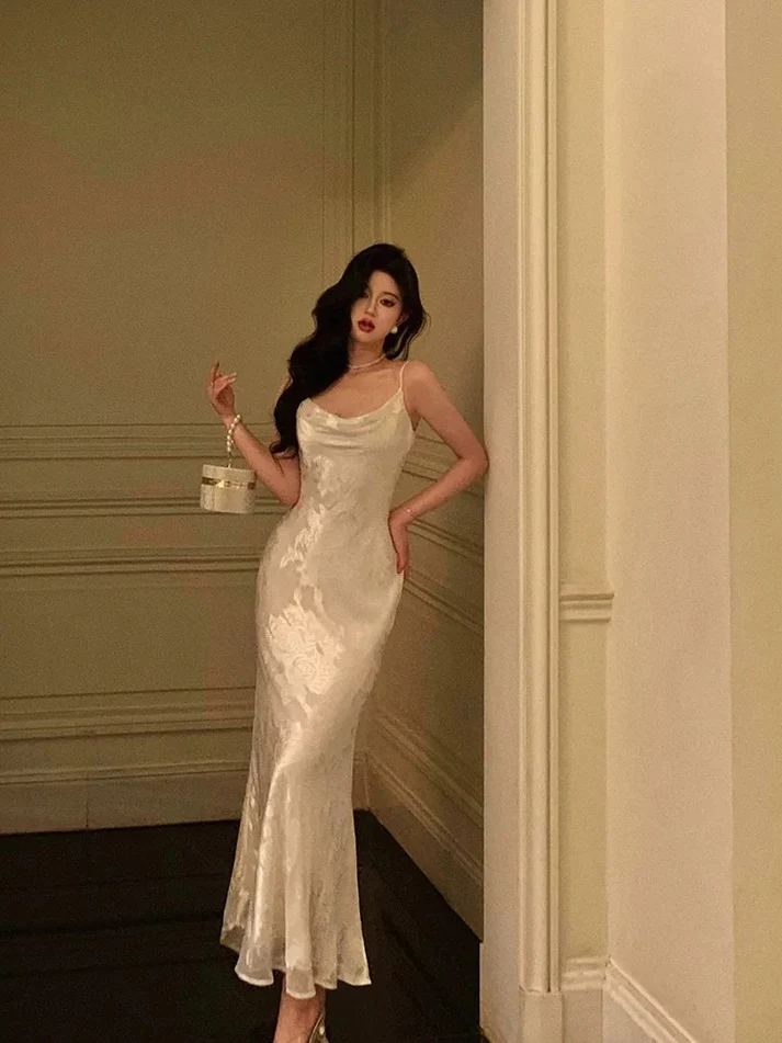 Elegant Mermaid Floral Ivory Satin Prom Dress Spaghetti Straps Party Gown Birthday Outfit