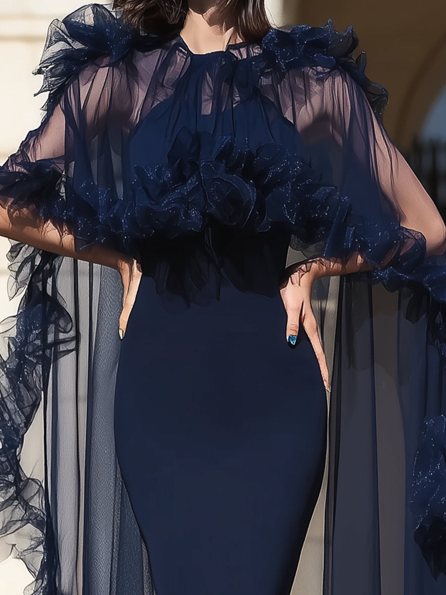 Midnight Elegance Ruffled Sheer Cape Gown