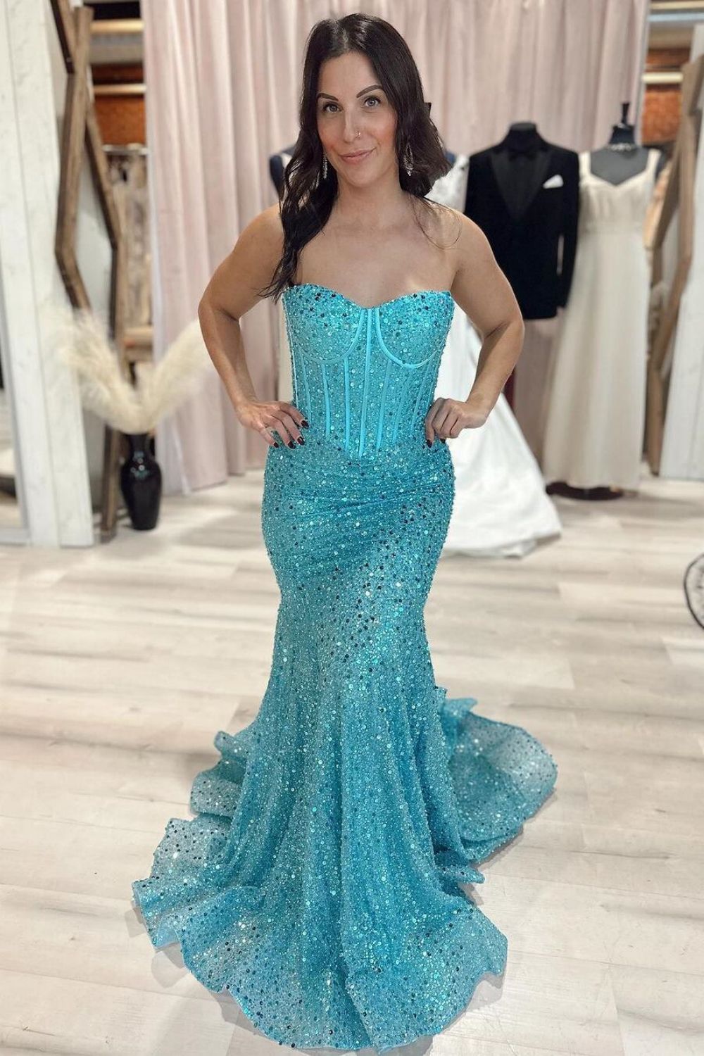 Sparkly Mermaid Sweetheart Blue Corset Prom Dress with Beading - VelvetHem