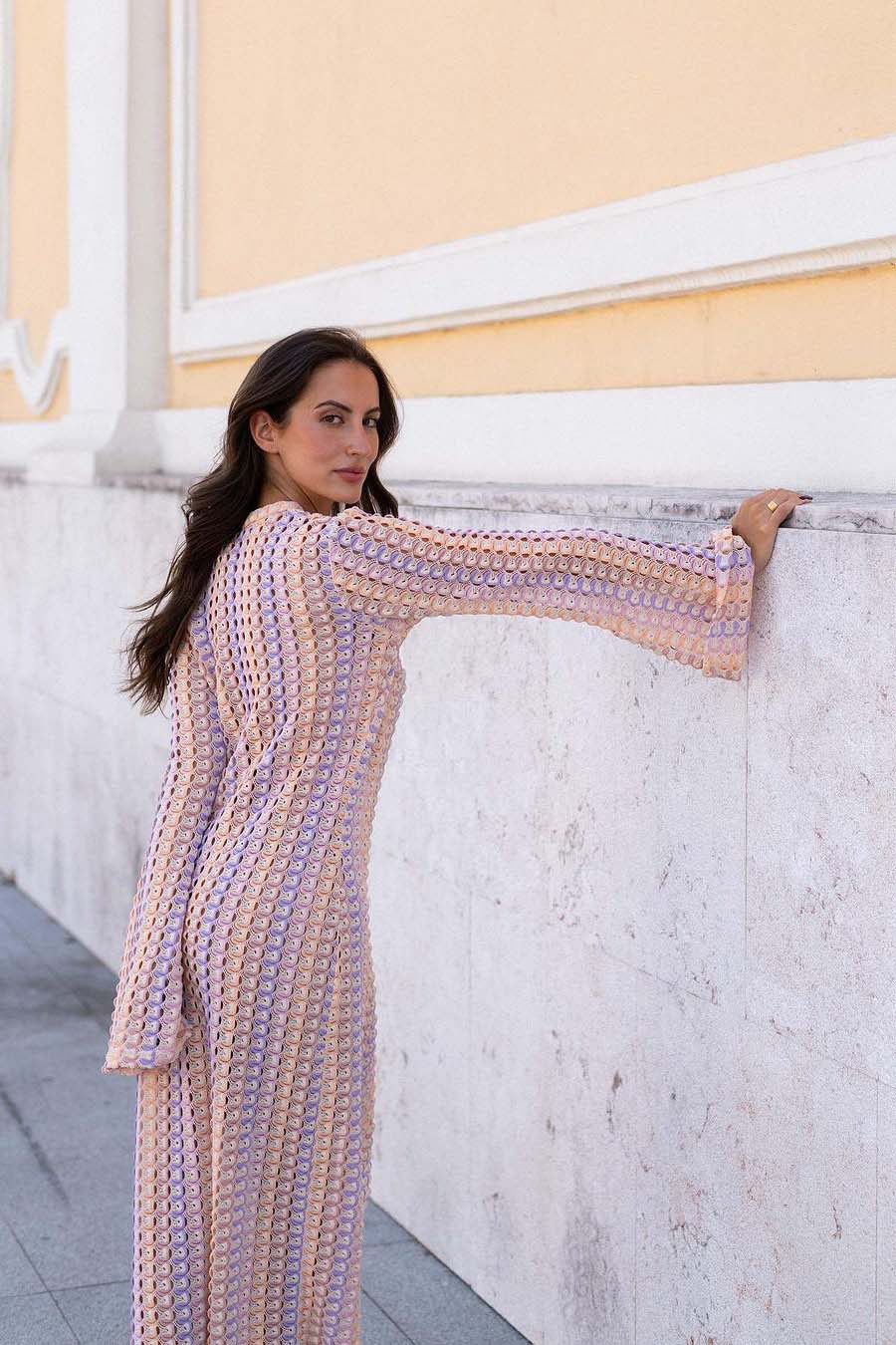 Pilar Chic Boho V Neck Bell Sleeve Maxi Dress, Wavy Striped Crochet Beach Holiday Dress Evening Wear Edit