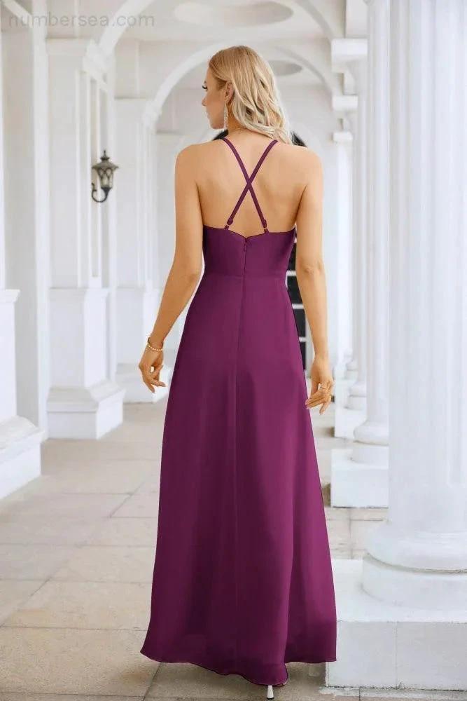 Ladies Chiffon Spaghetti Strap V Neck Front Slit Floor Length Bridesmaid Evening Dress Prom Party Wedding Evening Dress 28116 (ZD17012)
