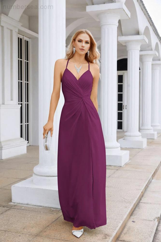 Ladies Chiffon Spaghetti Strap V Neck Front Slit Floor Length Bridesmaid Evening Dress Prom Party Wedding Evening Dress 28116 (ZD17012)