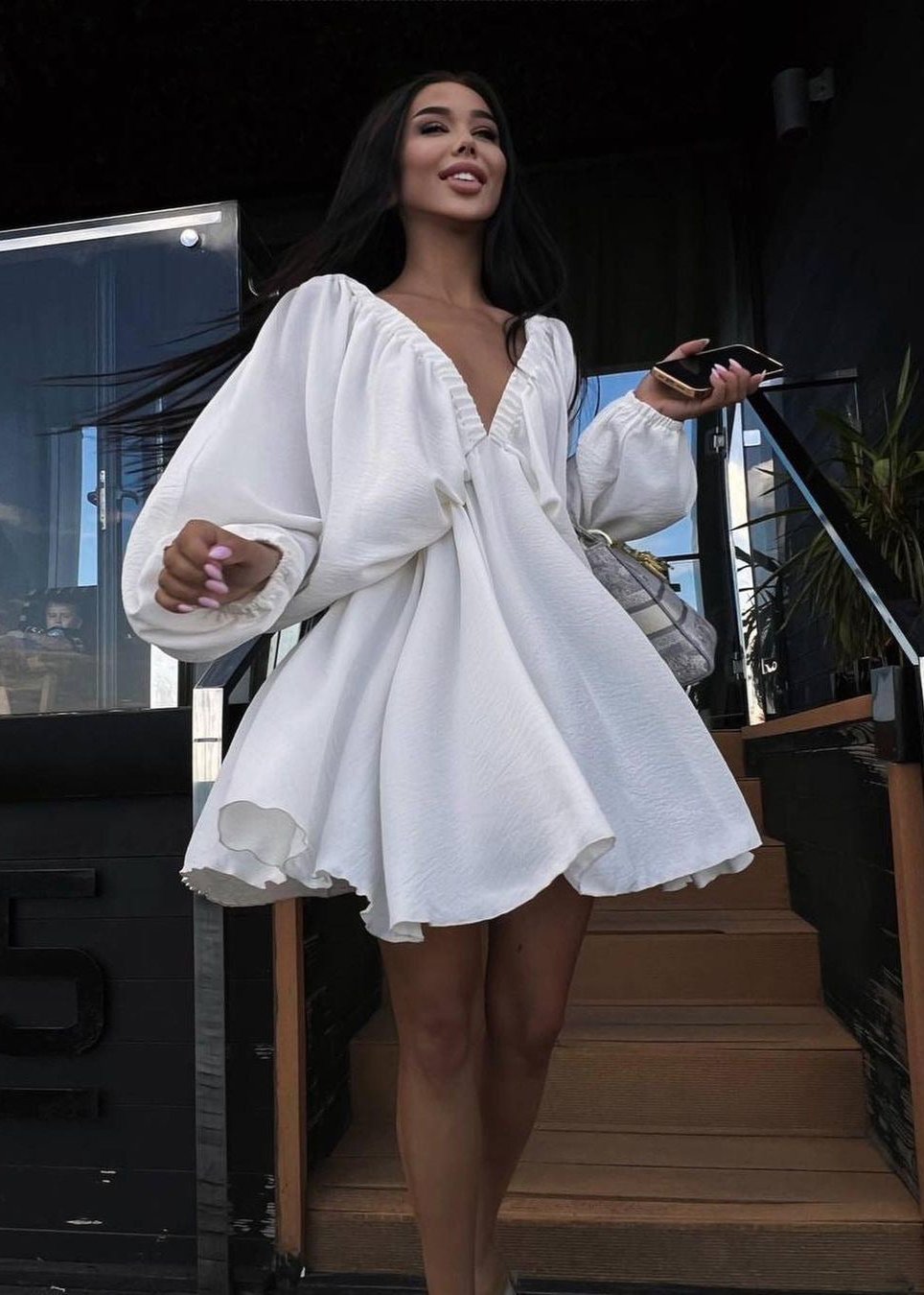 Elegant V Neck Lantern Sleeve Dress