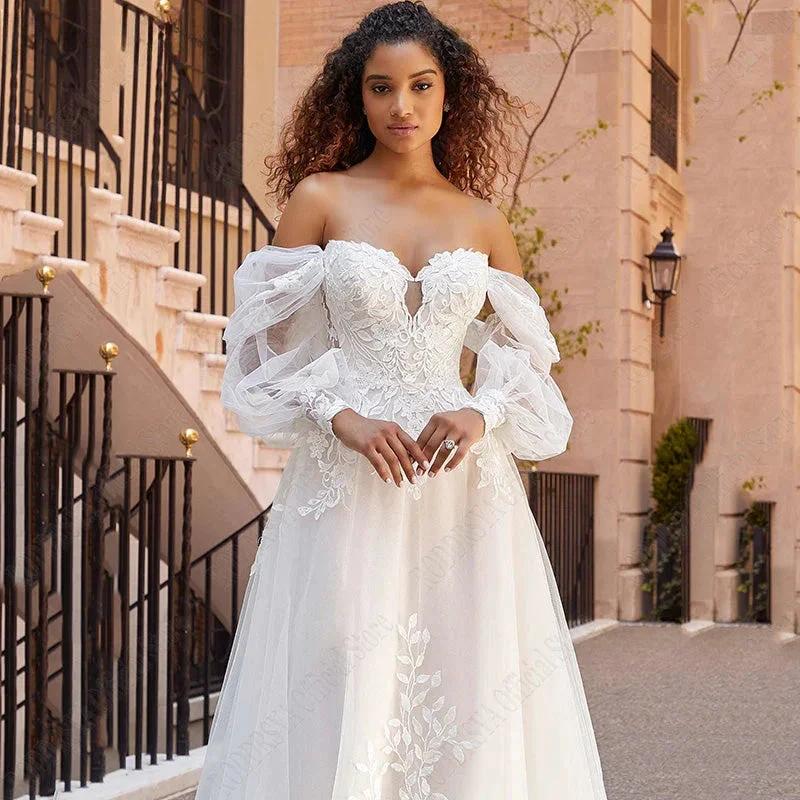 RODDRSYA Beach Wedding Dresses Lace Puff Sleeves Bridal Gowns Princess Off Shoulder Vestido De Novia Appliques Tulle Sweep Train (ZD13340)