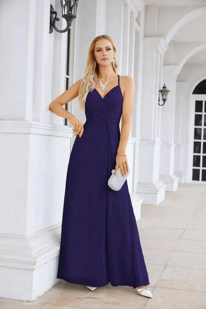 Ladies Chiffon Spaghetti Strap V Neck Front Slit Floor Length Bridesmaid Evening Dress Prom Party Wedding Evening Dress 28116 by numbersea