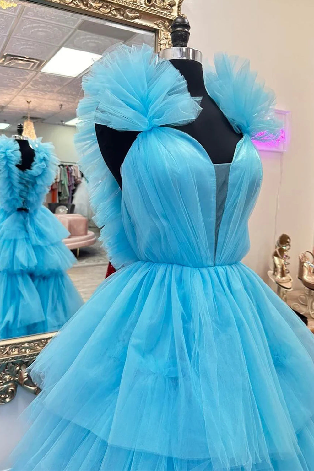 Gorgeous A Line V Neck Blue Long Prom Dress with Ruffles - View 3 | VelvetHem