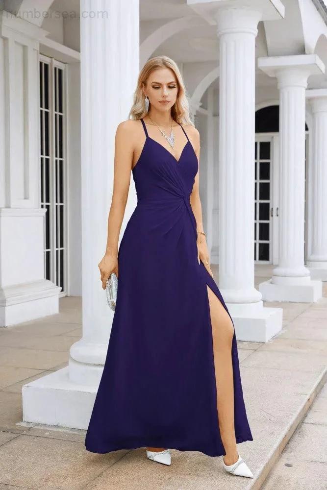 Ladies Chiffon Spaghetti Strap V Neck Front Slit Floor Length Bridesmaid Evening Dress Prom Party Wedding Evening Dress 28116 (ZD17012)