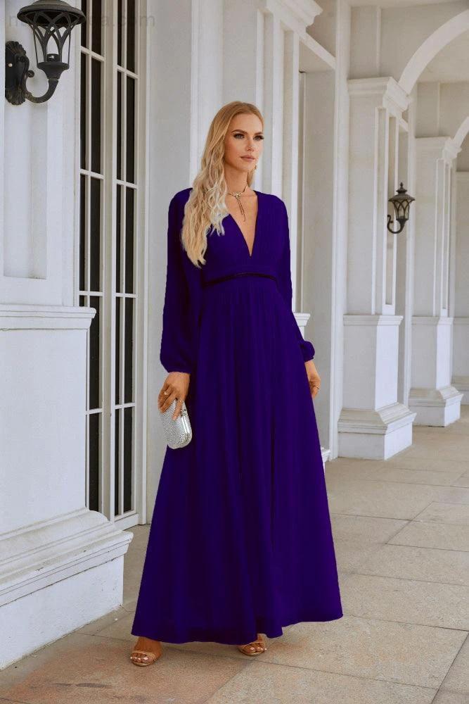 Ladies V Neck Chiffon Long Sleeve Front Slit Bridesmaid Evening Dress Wedding Party Shopping Evening Dress 28109 (ZD16991)