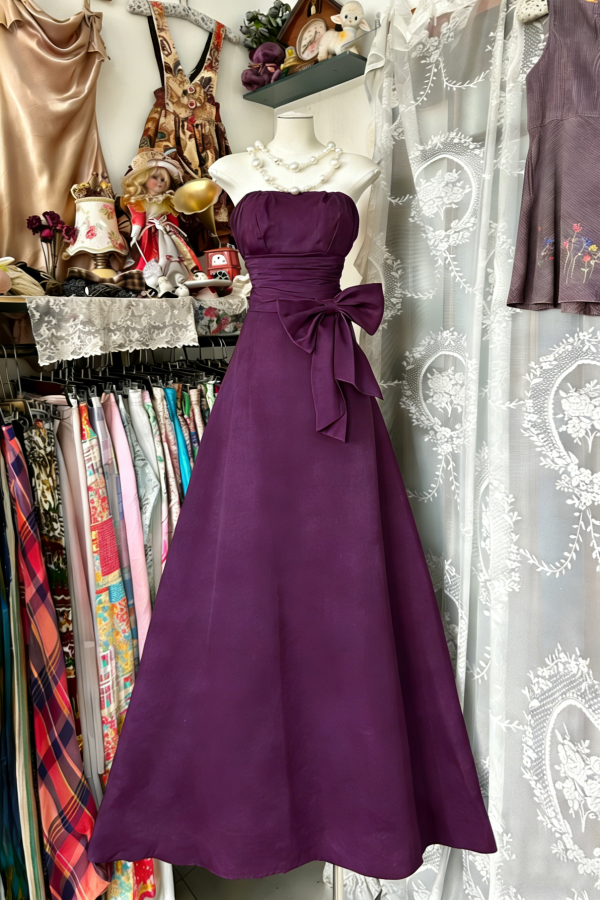 Elegant Navy Blue Strapless Satin Bow A Line Long Wedding Guest Dress Party Dress - View 10 | VelvetHem