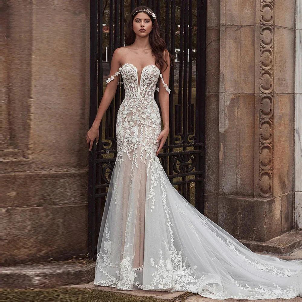 CHANDELA Charming Wedding Dresses Scoop Spaghetti Straps Trumpet Appliques Bridal Gown Robe De Mariée For Women Custom Made by payinti