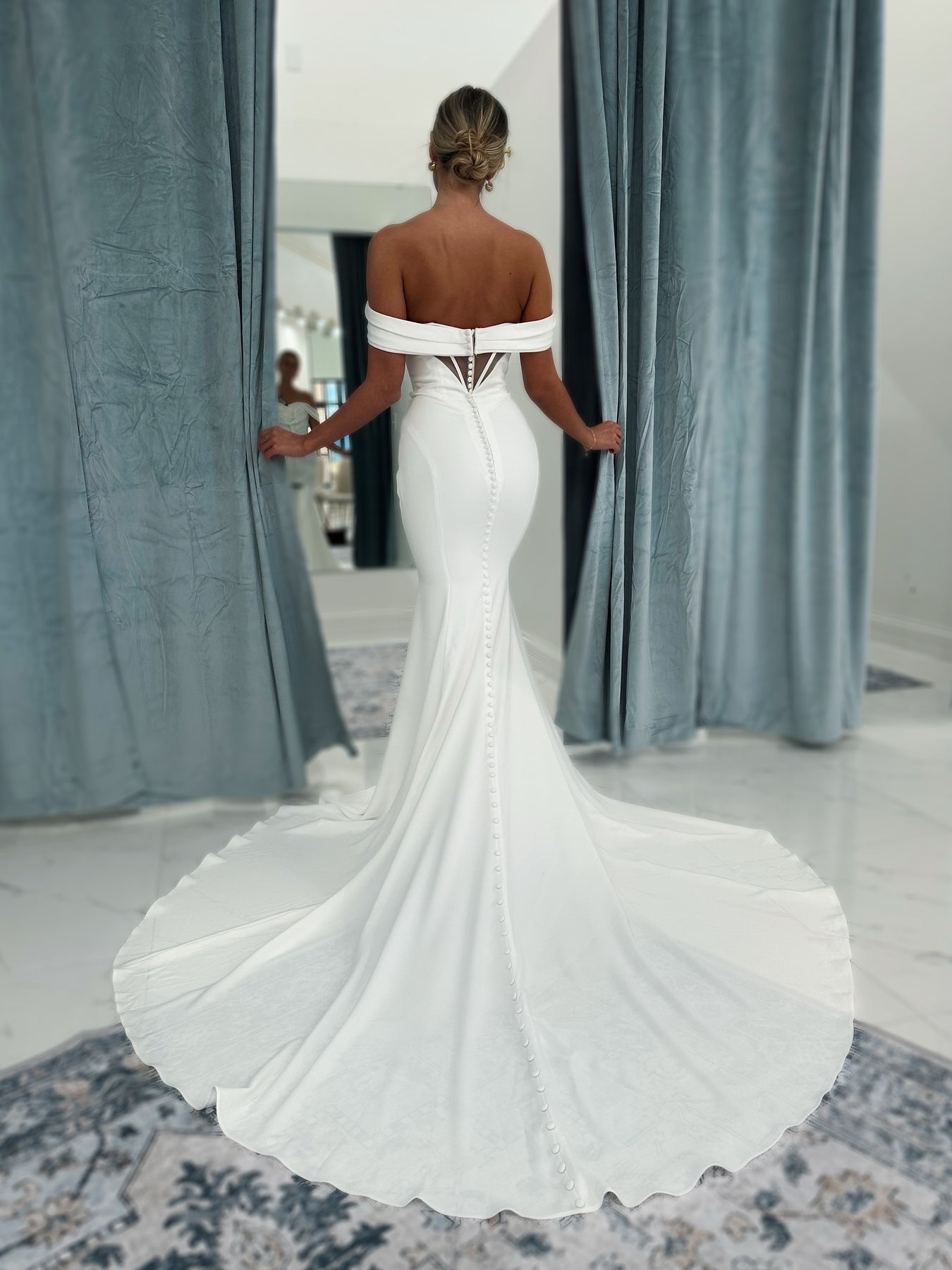 Satin Off the Shoulder Minimalist Wedding Dress With Long Train
