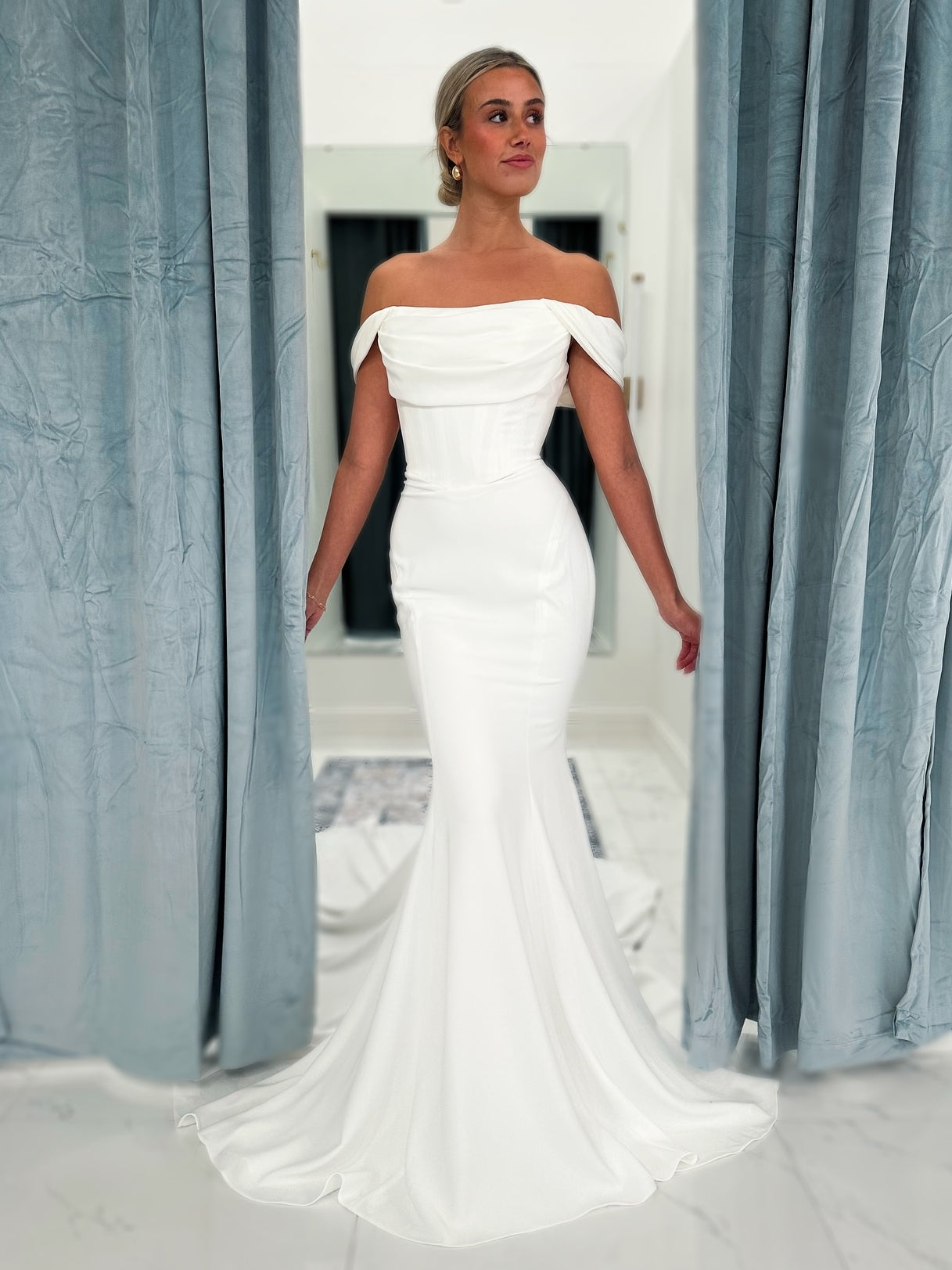 Satin Off the Shoulder Minimalist Wedding Dress With Long Train