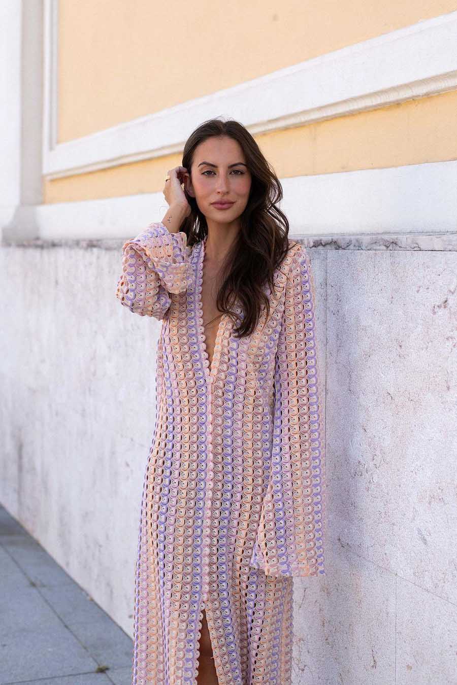 Pilar Chic Boho V Neck Bell Sleeve Maxi Dress, Wavy Striped Crochet Beach Holiday Dress Evening Wear Edit