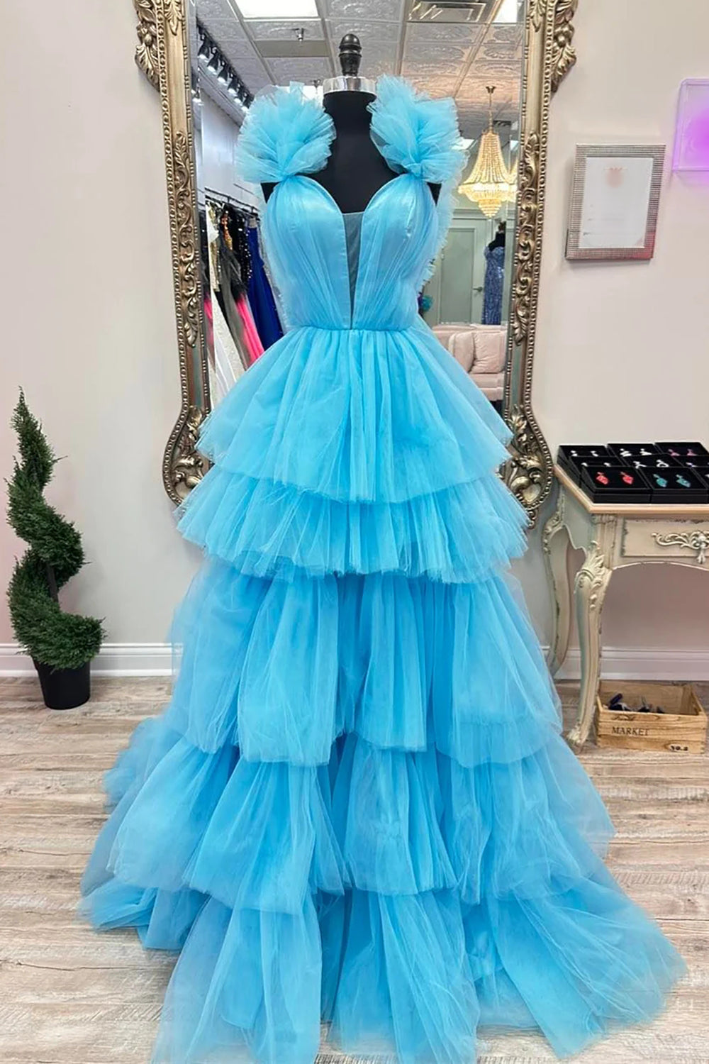Gorgeous A Line V Neck Blue Long Prom Dress with Ruffles - VelvetHem