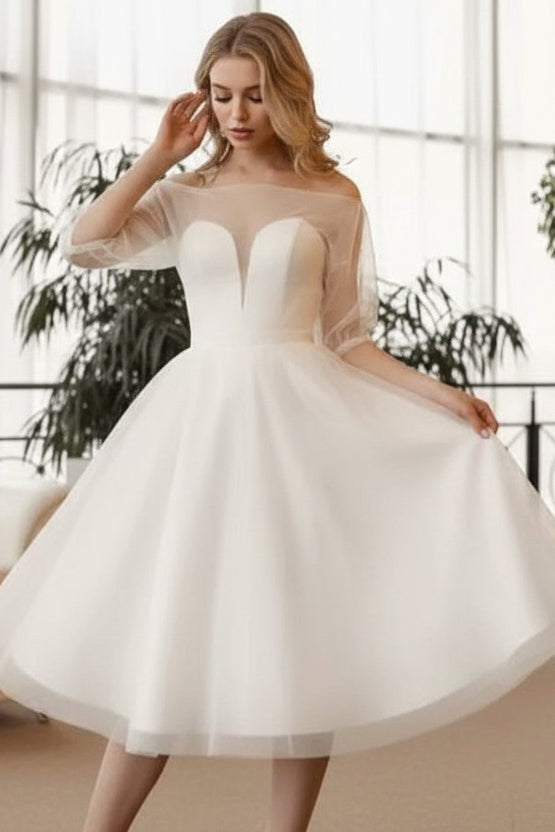 A-Line Tea Length Tulle Satin Little White Dress