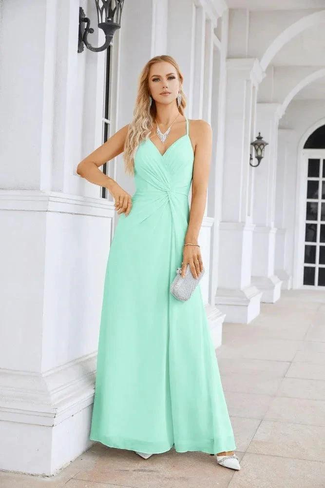 Ladies Chiffon Spaghetti Strap V Neck Front Slit Floor Length Bridesmaid Evening Dress Prom Party Wedding Evening Dress 28116 by numbersea