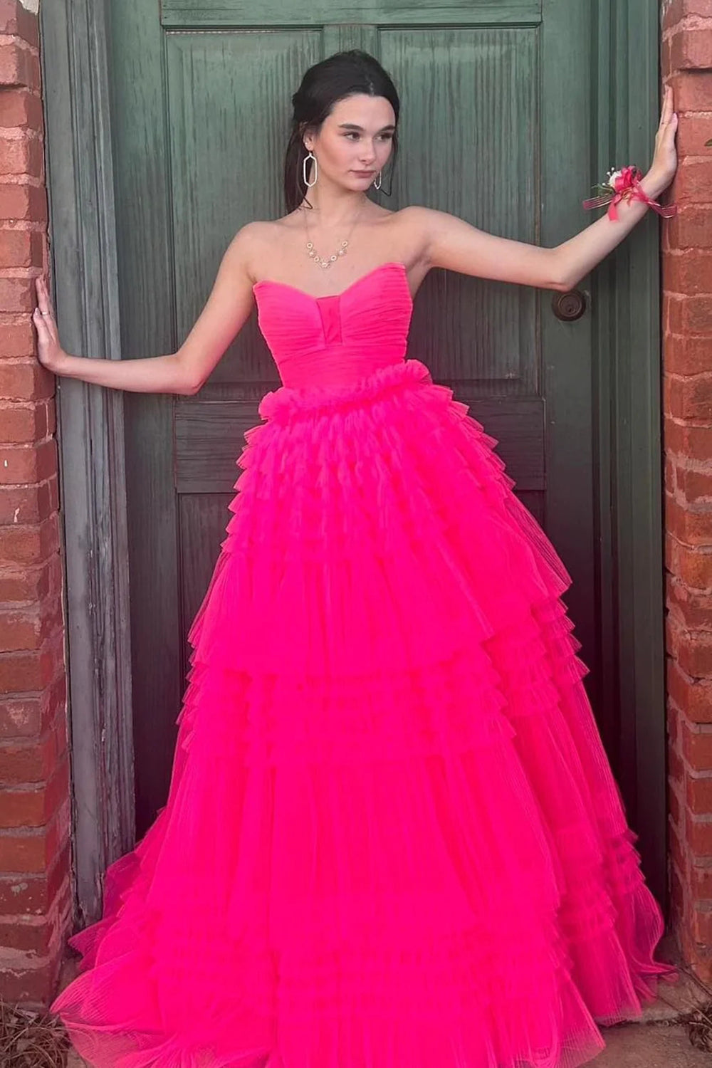 Trendy A Line Strapless Hot Pink Long Prom Dress with Ruffles - View 2 | VelvetHem