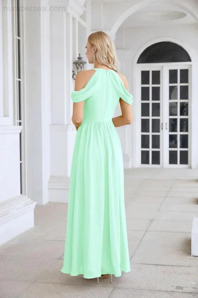 Ladies Chiffon Off Shoulder Swing Sleeve Front Slit Bridesmaid Evening Dress Wedding Party Evening Dress 28117 (ZD17011)