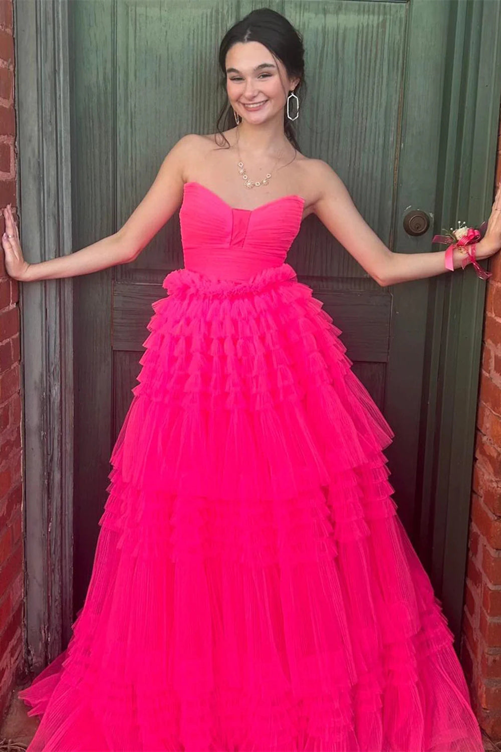Trendy A Line Strapless Hot Pink Long Prom Dress with Ruffles - VelvetHem