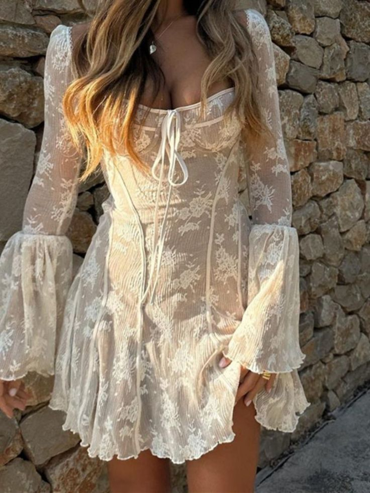 Sweet Lace Long Sleeves A Line Homecoming Dress Short Graduation Dress - VelvetHem