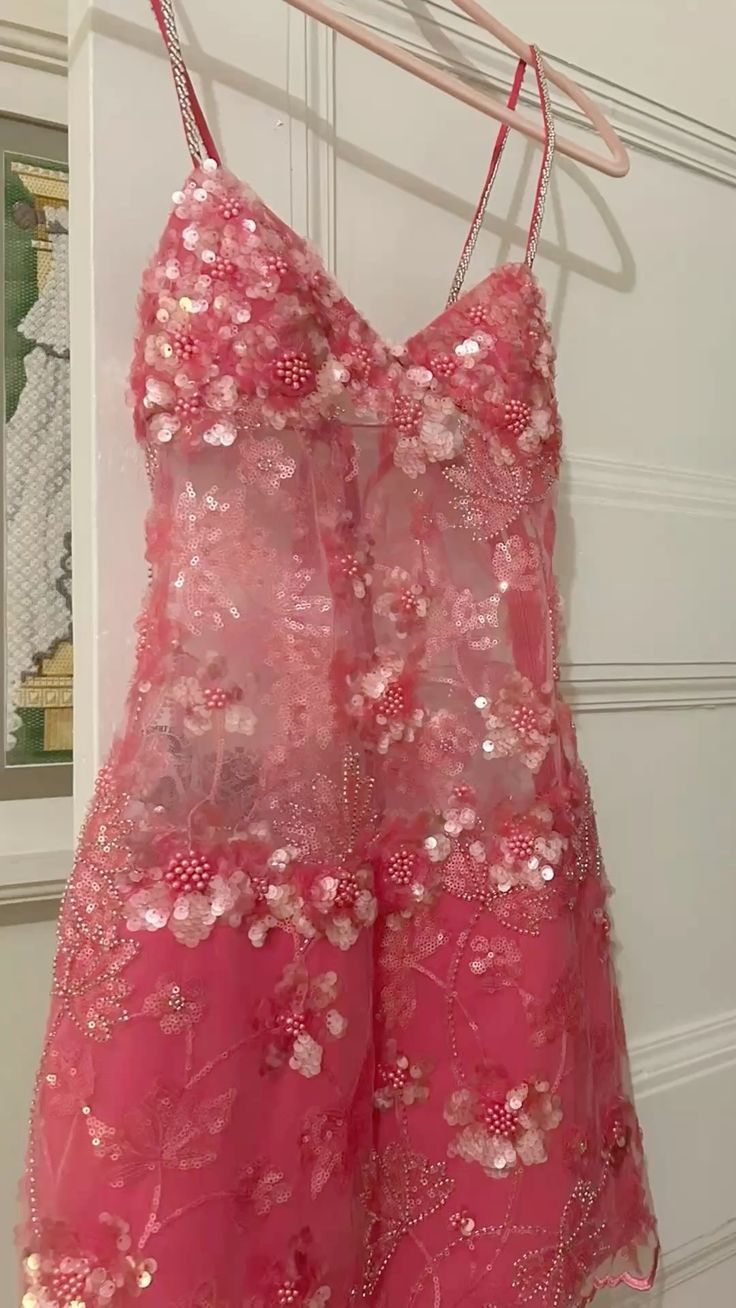 Sparkly Spaghetti Straps Pink Sequin V Neck Sheath Cocktail Dress Sheath Short Graduation Homecoming Dress - VelvetHem