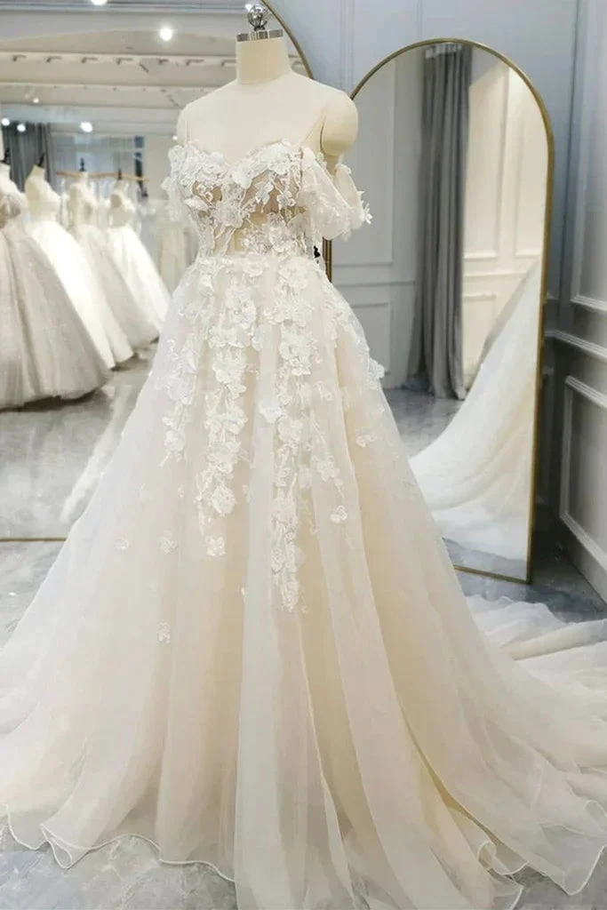 Off Shoulder Light Champagne Tulle Lace Long Wedding Dress (ZD13586)