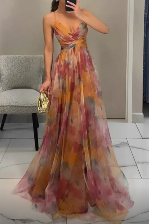 Beautiful Straps Tulle Print Long Prom Dress Formal A Line Evening Dress - VelvetHem