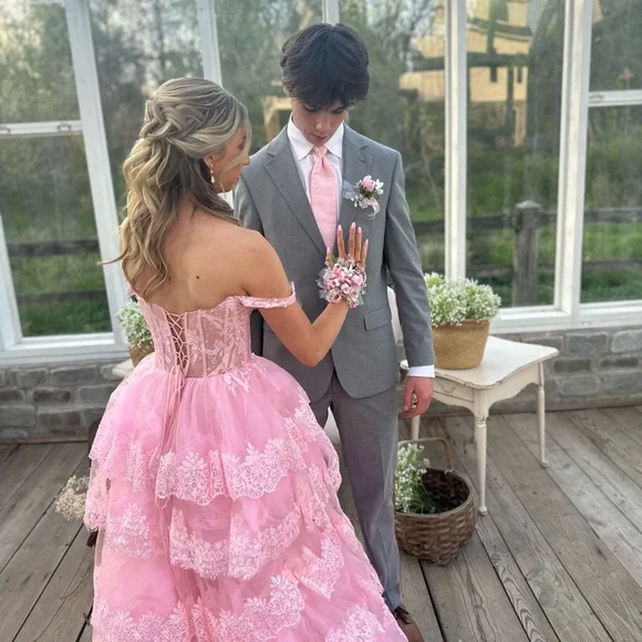 Charming Pink Off The Shoulder Lace Tulle Layered Evening Dress Formal Prom Dress - View 3 | VelvetHem