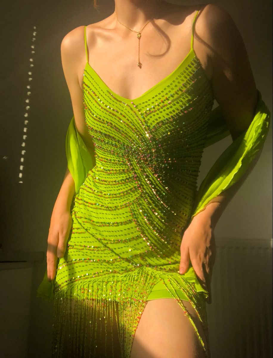 Gorgeous Spaghetti Straps Lemon Green Chiffon Beaded Bodycon Cocktail Dress Formal Homecoming Dress Birthday Outfits - VelvetHem