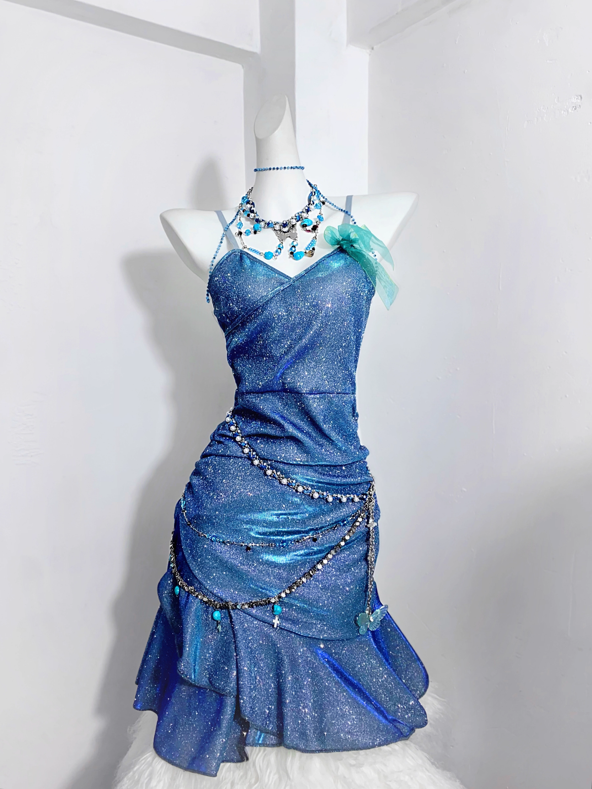 Glitter Blue Spaghetti Straps Short Ruffle Cocktail Dress Formal Homecoming Dress - View 2 | VelvetHem