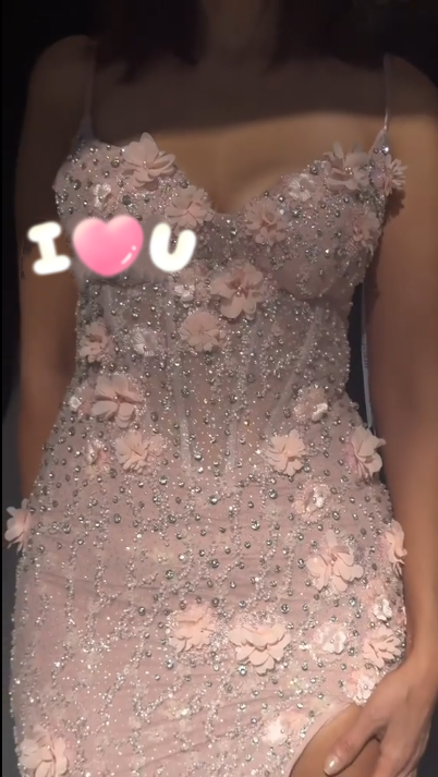 Gorgeous Spaghetti Straps Pink Sequin Beaded Slit mermaid Evening Dress Long Birthday Party Dress With 3D Flowers - View 3 | VelvetHem