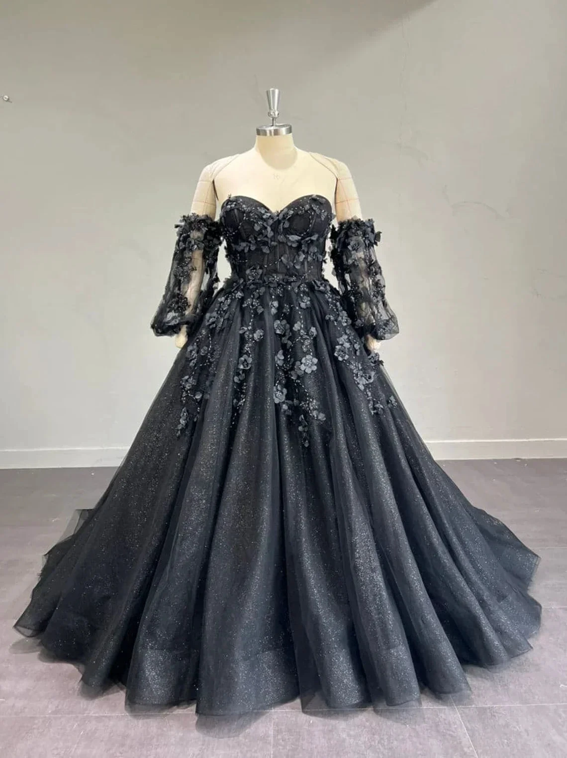 Stunning, Alternative Black Gown, Off The Shoulder Ball Gown Gothic Unconventional Wedding Dress,Y2477 (ZD13633) - VelvetHem