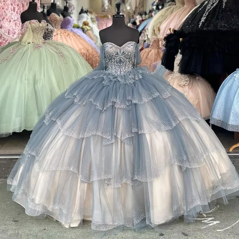 Sparkly Blue Sequin Off The Shoulder Ball Gown,Tulle Layered Sweet 16 Birthday Dress - VelvetHem