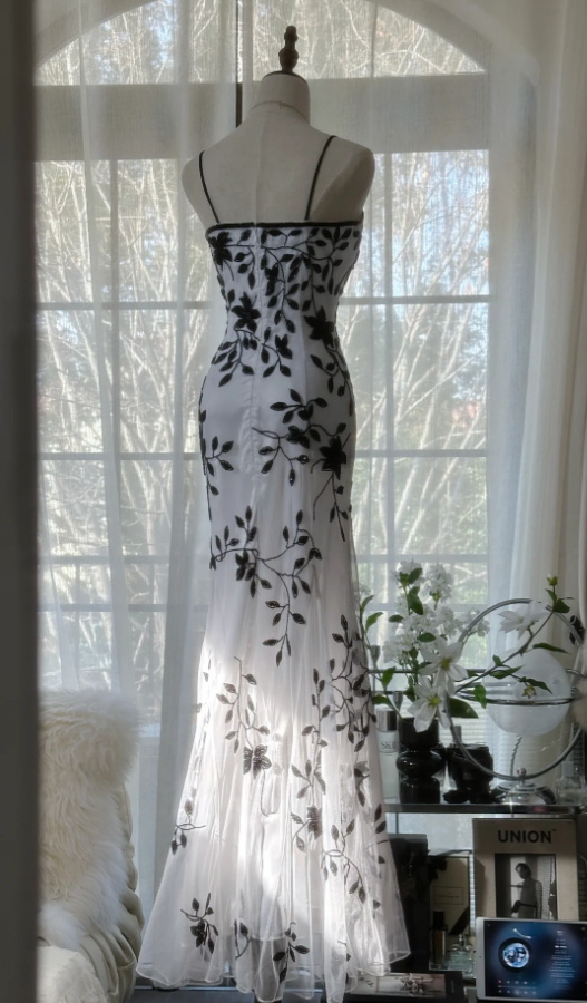Unique Spaghetti Straps White Chiffon Black Beaded Mermaid Long Evening Dress Formal Birthday Party Dress - View 4 | VelvetHem