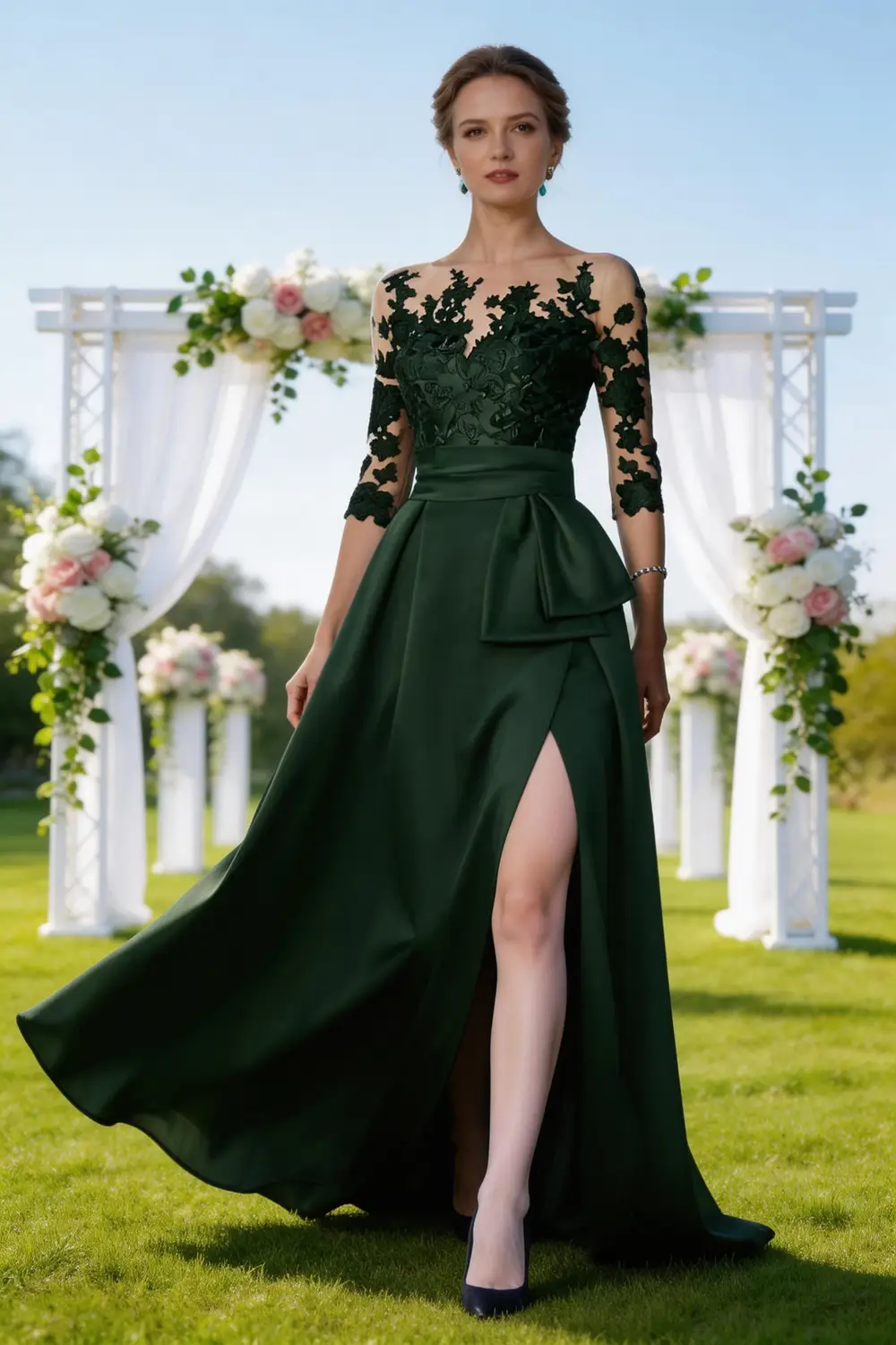 Dark Green Lace Satin A Line Mother Of The Bride Dress With Slit (ZD17157)
