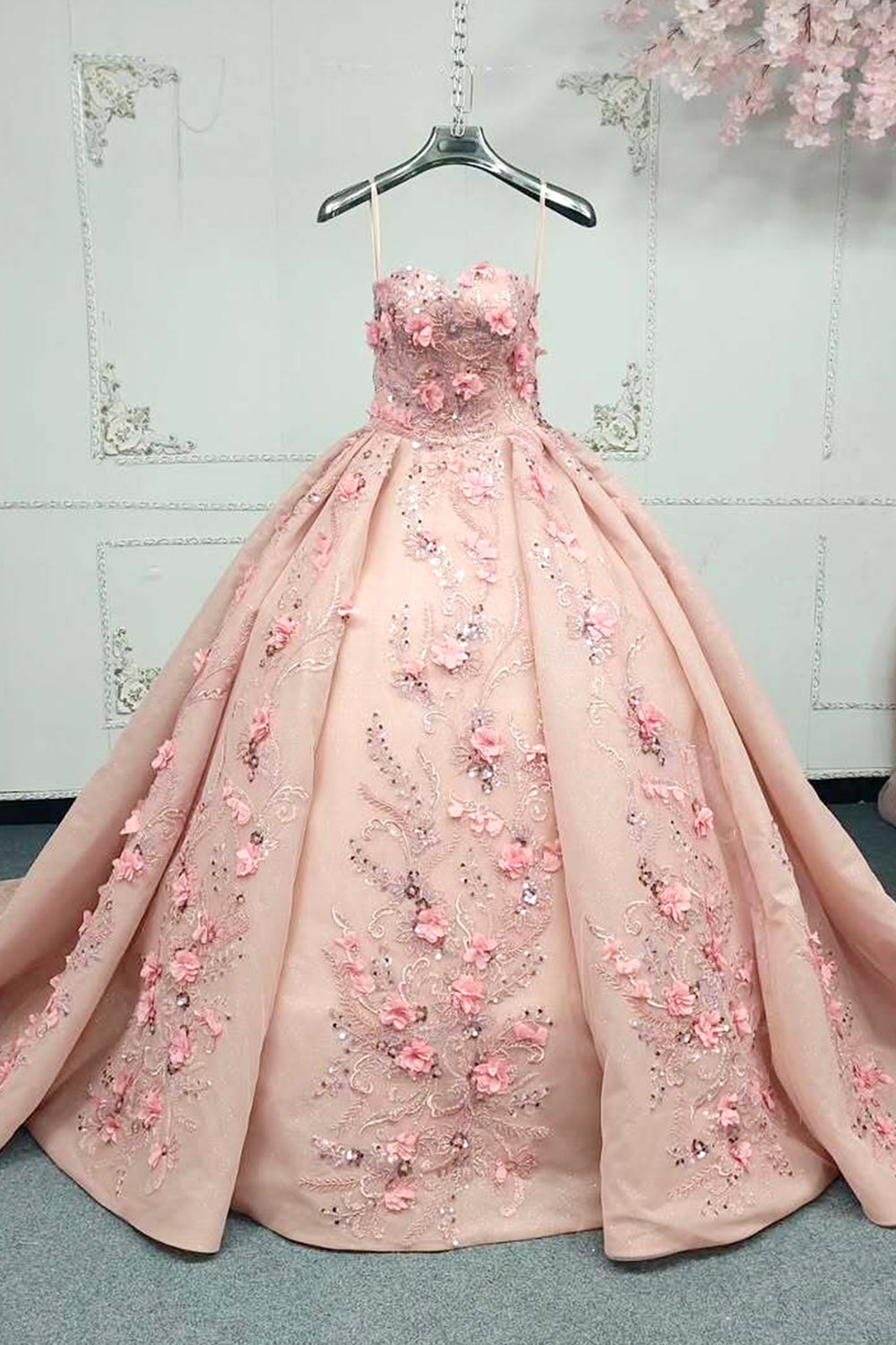 Gorgeous A Line Sweetheart Pink Ball Gown Quinceanera Dress with Appliques Flowers - VelvetHem