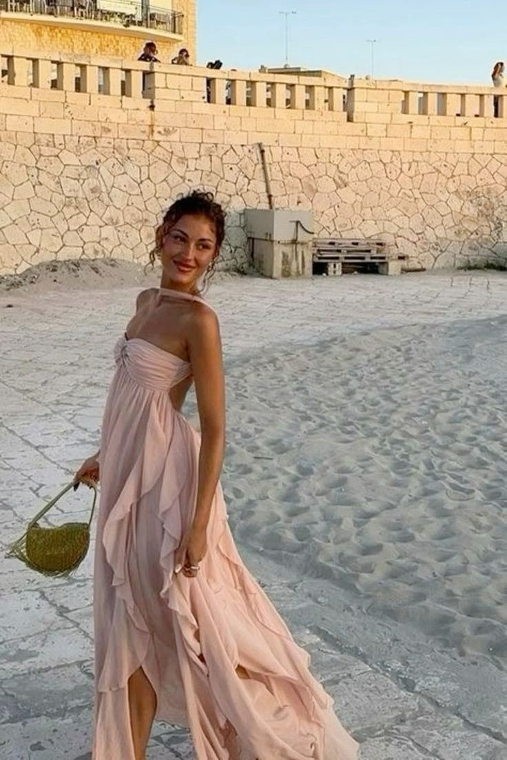 Chic A Line Halter Neck Pink Long Prom Dress with Ruffles