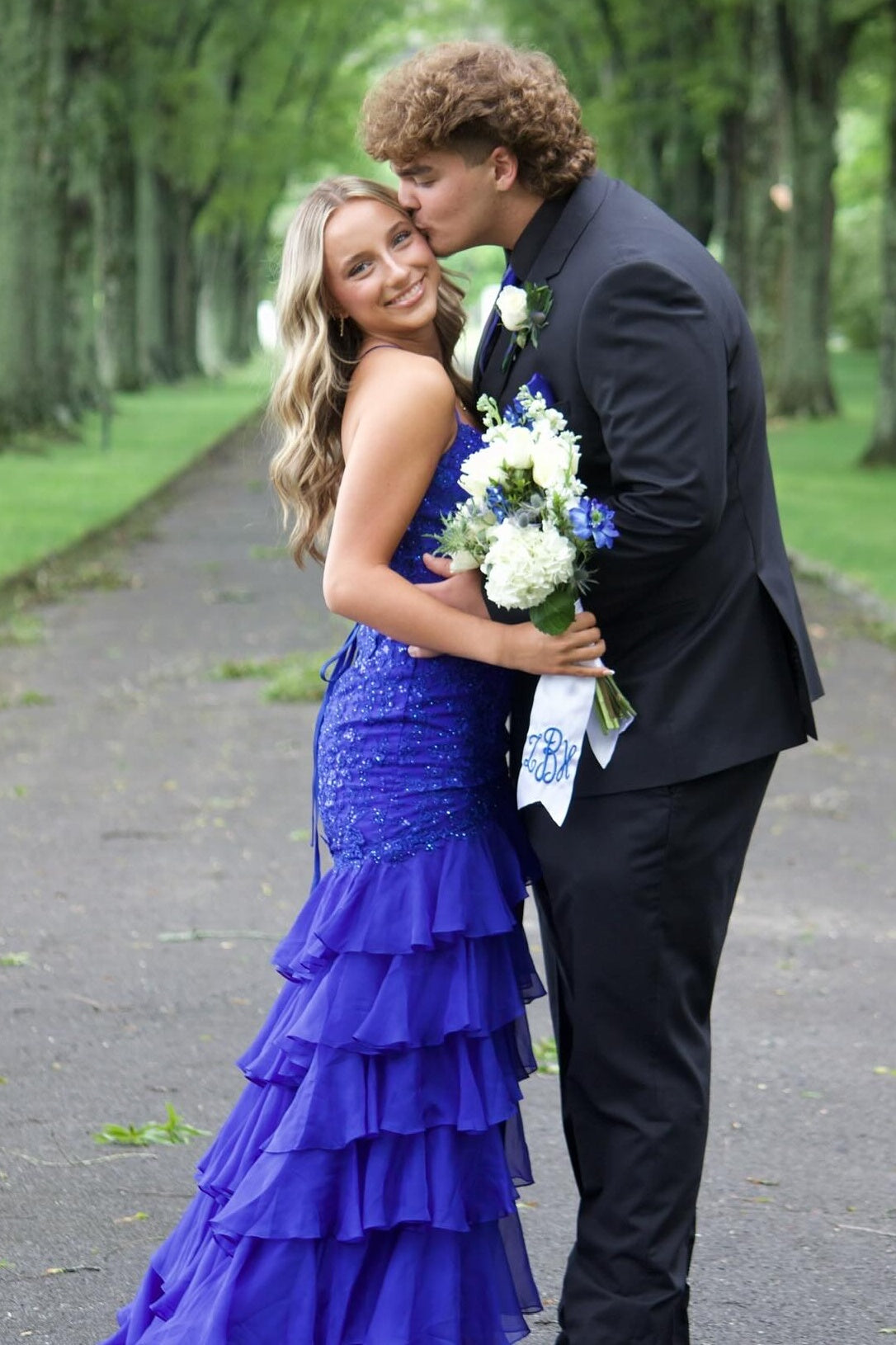 Stunning Lilac Mermaid Spaghetti Straps Lace Prom Dress with Ruffle Skirt