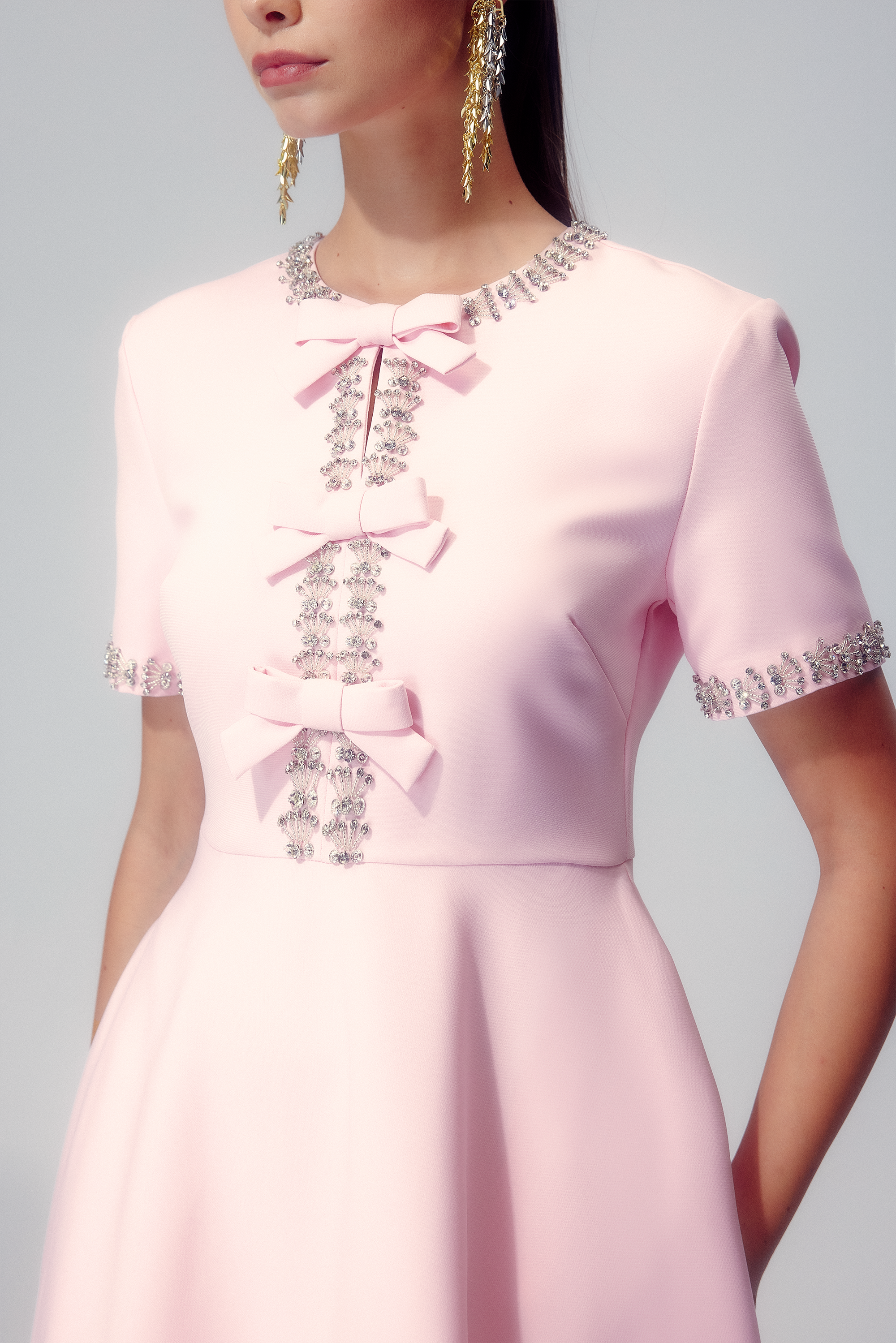 Mercedes Minimalist Midi Dress with Bow and Crystal Embellishment Chic Silhouette Collection