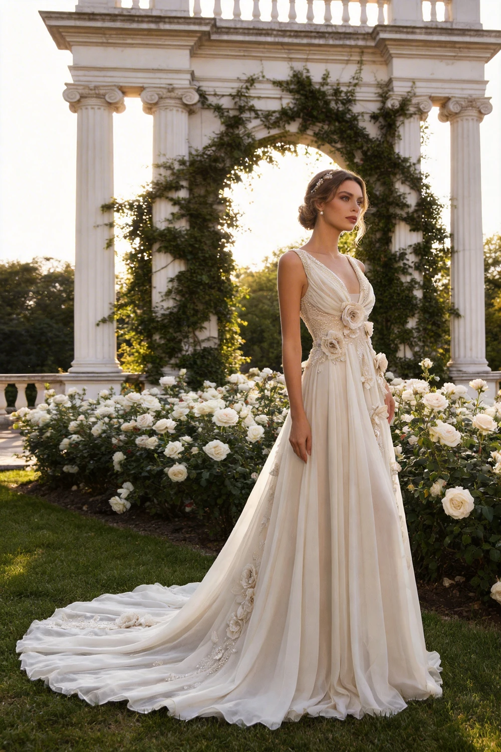Charming V Neck Chiifon Appliques Beaded Prom Dress Wedding Dress (ZD13735)