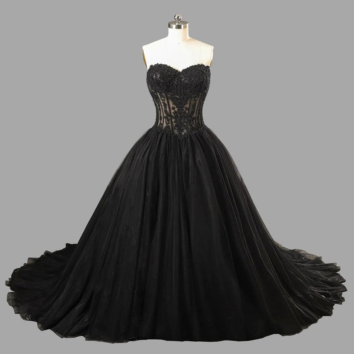 Black Lace Heavy Gothic Beading Wedding Dress Ballgown Corset Closure  ZP202